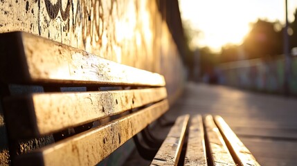 Poster - Warm Sunset Glow Illuminating Weathered Wooden Bench Perfect for Relaxation and Reflection : Generative AI