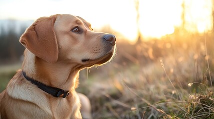 Poster - Cute Labrador retriever dog enjoying the golden hour light while sitting on a grassy field : Generative AI