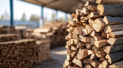 Aufkleber - Stacked logs neatly arranged in a lumber yard showcasing raw wooden materials ready for processing : Generative AI