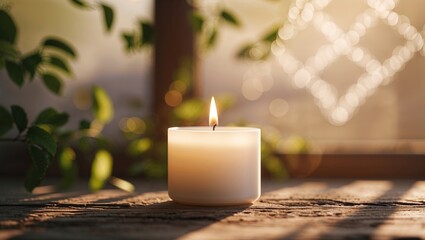 Poster - calm atmosphere created by a lit candle on a rustic wooden table with soft sunlight streaming throug