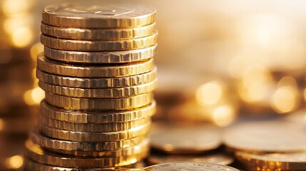 Poster - Stacks of Golden Coins Glimmering Under Soft Light with Blurred Background for Financial Concepts : Generative AI