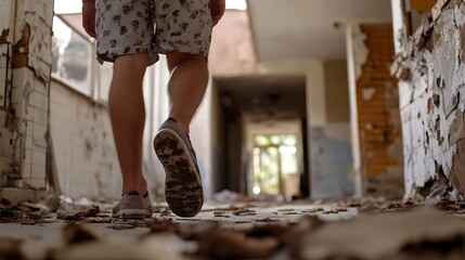 Aufkleber - Person Walking Through Abandoned Building with Old Walls and Natural Light : Generative AI