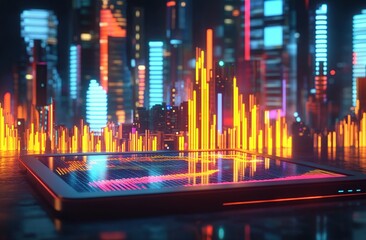Poster - Futuristic Cityscape at Night on a Glowing Tablet Screen