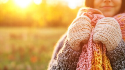 Poster - Cozy Woman Embracing Warm Knitted Scarf and Mittens in Autumn Sunlight : Generative AI