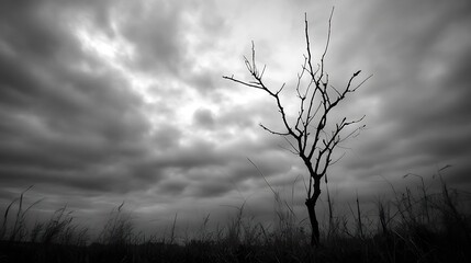 Aufkleber - Lonely Leafless Tree Against a Gloomy Cloudy Sky in Black and White : Generative AI