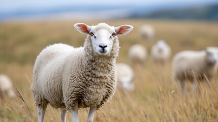 Poster - Curious Sheep Grazing in a Meadow Under a Cloudy Sky : Generative AI