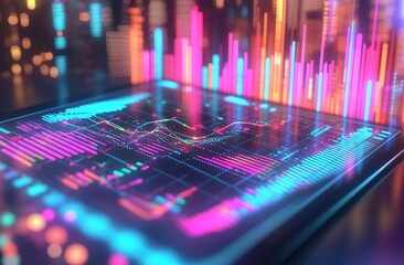 Poster - Neon Pink Blue Futuristic Data Visualization on a Tablet Screen