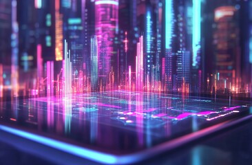 Poster - Futuristic Neon Cityscape on Digital Display