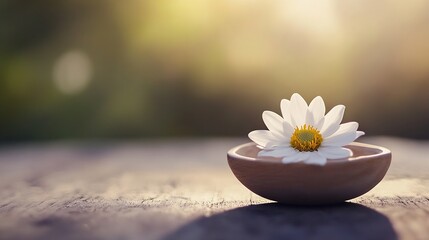 Aufkleber - Delicate white flower resting in a wooden bowl with natural soft background lights : Generative AI