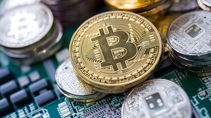 Aufkleber - Closeup of shiny bitcoin coins piled on a circuit board symbolizing digital currency : Generative AI