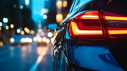 Aufkleber - Sleek Black Car Tail Lights Illuminating the Busy City Streets at Night : Generative AI