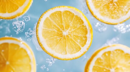 Poster - Freshly Sliced Lemon Halves Floating in Clear Water with Bubbles : Generative AI