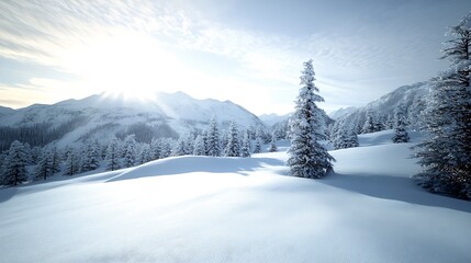 Aufkleber - Beautiful snow covered landscape with tall pine trees under bright sunlight in winter season : Generative AI