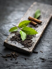 Poster - Natural Ingredients with Green Leaves and Cinnamon Sticks Laid on Rustic Wooden Board for Culinary Inspiration : Generative AI