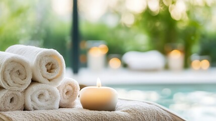 Aufkleber - Luxurious spa setting with rolled towels and a glowing candle creating a peaceful atmosphere : Generative AI
