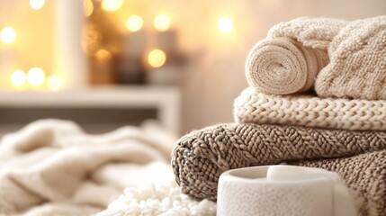Aufkleber - Cozy Winter Vibes with Soft Knitted Blankets and Candle Glow Background : Generative AI