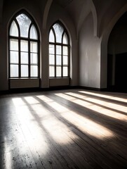 Poster - Elegant empty room with beautiful light streaming through arched windows creating pattern on floor : Generative AI