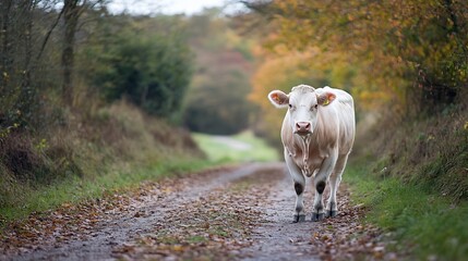 Poster - Gentle cow walking along serene dirt road surrounded by autumn foliage : Generative AI