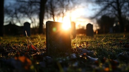 Poster - Charming gravestone with soft sunlight shining through in a tranquil cemetery setting : Generative AI