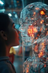 Poster - A woman gazes intently at a futuristic, translucent robot with glowing circuitry, set in a high-tech exhibition space, showcasing advanced technology and human-robot interaction