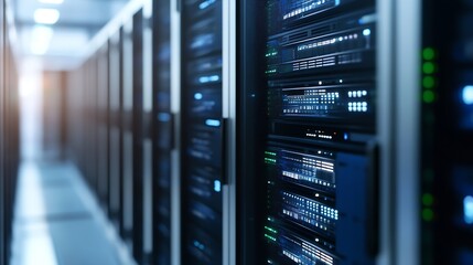 Poster - Data center with server racks glowing lights and high technology operations : Generative AI