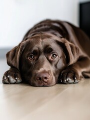 Poster - Adorable brown dog resting on the floor with a thoughtful expression conveying loyalty and companionship : Generative AI