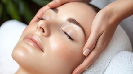Poster - Relaxing Spa Treatment With Woman's Face Being Massaged for Skin Care and Wellness : Generative AI