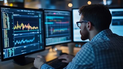 Fototapete - Focused individual analyzing data trends on multiple monitors in a modern office environment : Generative AI