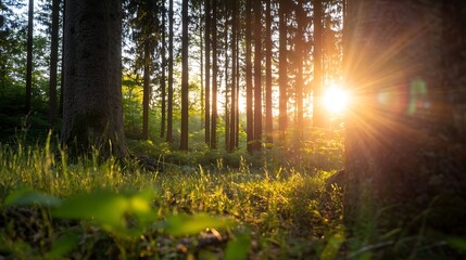 Poster - Sunlight streaming through tall trees in a tranquil forest during sunrise creating a serene atmosphere : Generative AI