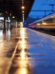 Aufkleber - Rainsoaked railway station platform glowing under lights during twilight with a passing train in the background : Generative AI