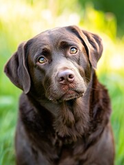 Poster - Beautiful chocolate labrador retriever gazing curiously with soft fur coat : Generative AI