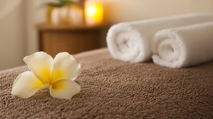 Poster - Spa Setting with Fresh Plumeria Flower and Clean Towels on Soft Towel Surface : Generative AI