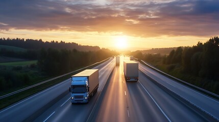 Aufkleber - Trucks Driving on Highway at Sunset with Dramatic Cloudy Sky : Generative AI