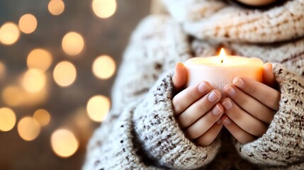 Poster - Warm Hands Holding a Soft Candle Against a Blurred Festive Background : Generative AI