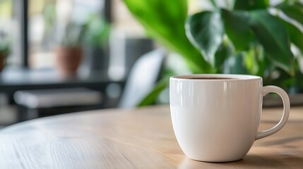 Aufkleber - White coffee mug sitting on a wooden table surrounded by lush green plants for a cozy atmosphere : Generative AI