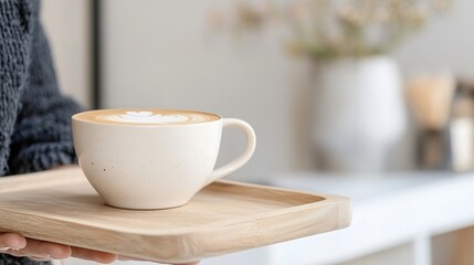 Aufkleber - Artisan coffee served in a handcrafted cup on a wooden tray with a cozy atmosphere : Generative AI