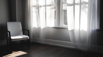 Leinwandbilder - Sunlight streaming through sheer curtains over a simple white chair near a window creating a peaceful indoor atmosphere : Generative AI