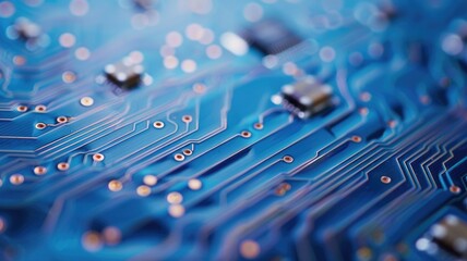 Poster - Abstract blue digital circuitry with glowing lines. Digital artwork of electronic circuit with glowing blue color and black background. Abstract artwork of motherboard. Technology innovation. AIG53.