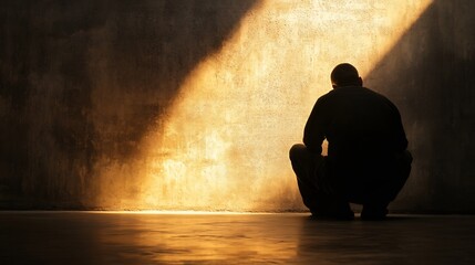 Poster - Silhouetted figure seated in shadowy room with dramatic light from wall creating a powerful mood : Generative AI