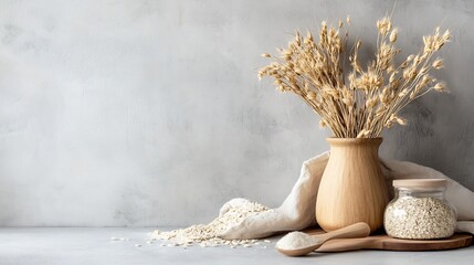Poster - Stylish Still Life with Dried Grass and Oats in Natural Wooden Vase : Generative AI