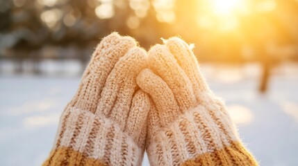 Poster - Warm cozy hands holding knitted mittens against a sunlit snowy background in winter : Generative AI