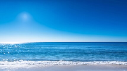 Poster - Tranquil blue ocean under a clear sky and gentle waves embracing the sandy shore : Generative AI