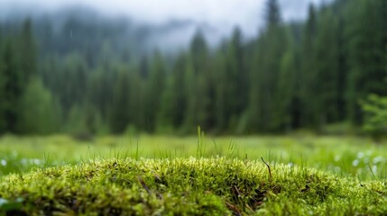 Poster - Lush green moss covering the ground in a serene forest with soft mist and pine trees : Generative AI