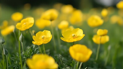 Poster - CloseUp of Vibrant Yellow Wildflowers Blooming in a Green Meadow : Generative AI