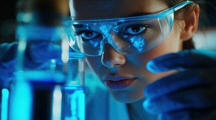 Poster - A focused female scientist in a laboratory, wearing protective eyewear, carefully examining a glowing test tube, with various lab equipment and a blue-lit background creating a high-tech atmosphere
