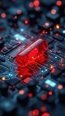 Poster - Red capsule on circuit board with glowing elements