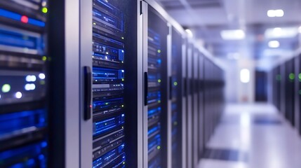 Poster - High Tech Server Room With Data Storage Racks And Blue LED Lights : Generative AI