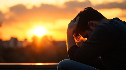 Aufkleber - Silhouette of a Man in Contemplation During a Beautiful Sunset Over a City : Generative AI