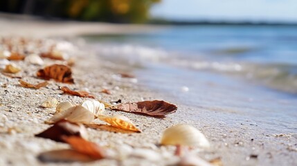 Aufkleber - Autumn Leaves on a Serene Beach Shoreline with Gentle Surf and Calming Waves : Generative AI