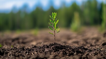 Aufkleber - Close up of a young green plant growing out of rich dark soil in a lush forest setting : Generative AI